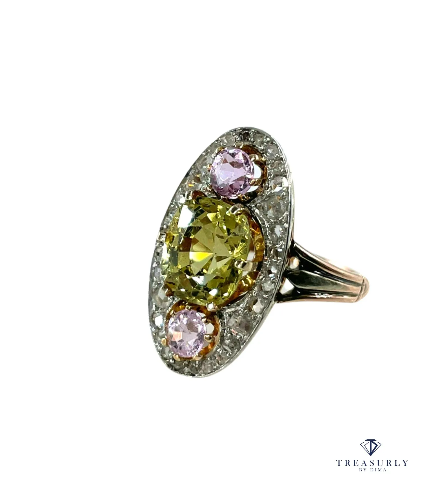 Antique Belle Époque Chrysoberyl, Pink Topaz Diamond Cluster Cocktail Ring