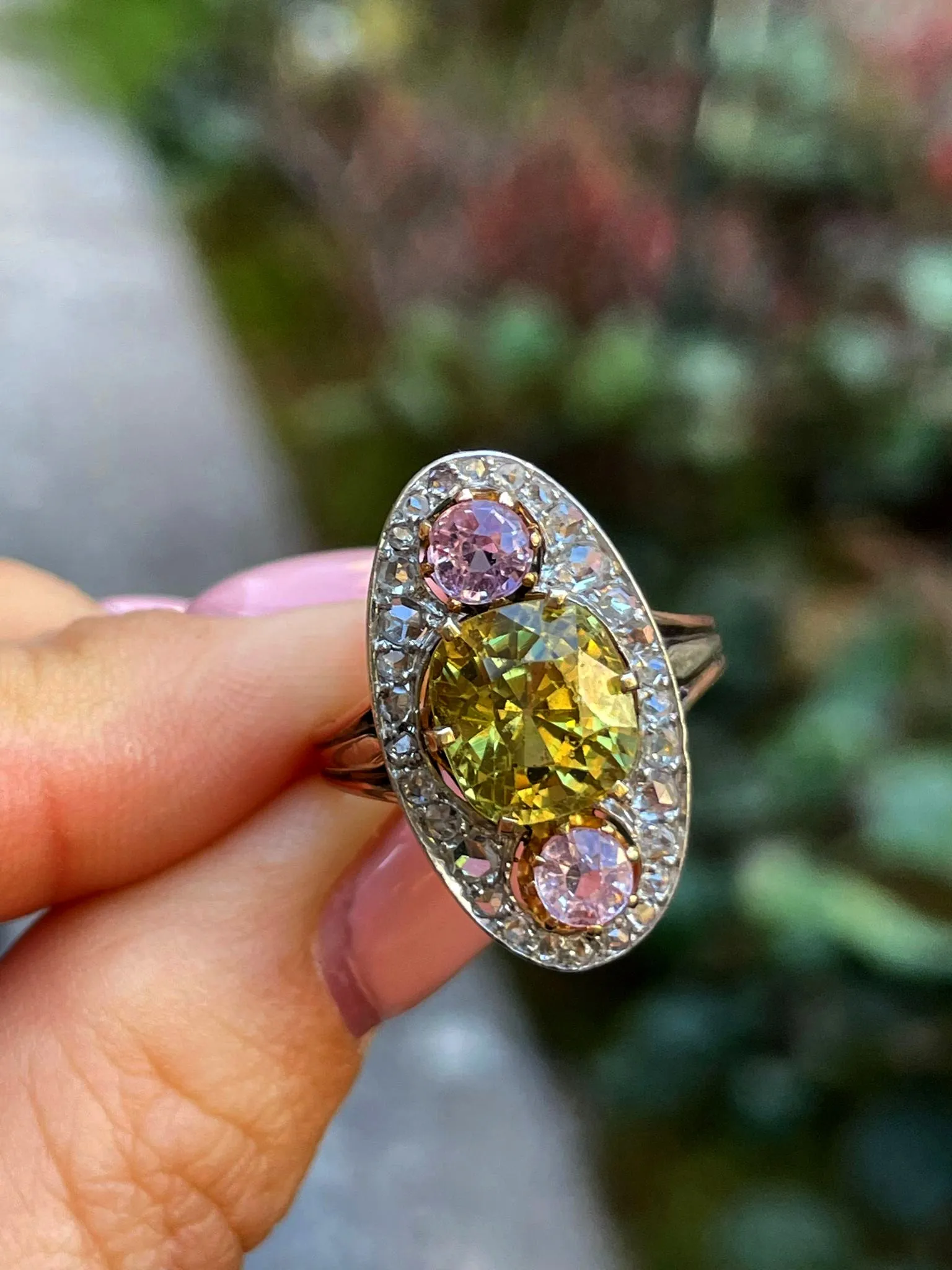 Antique Belle Époque Chrysoberyl, Pink Topaz Diamond Cluster Cocktail Ring