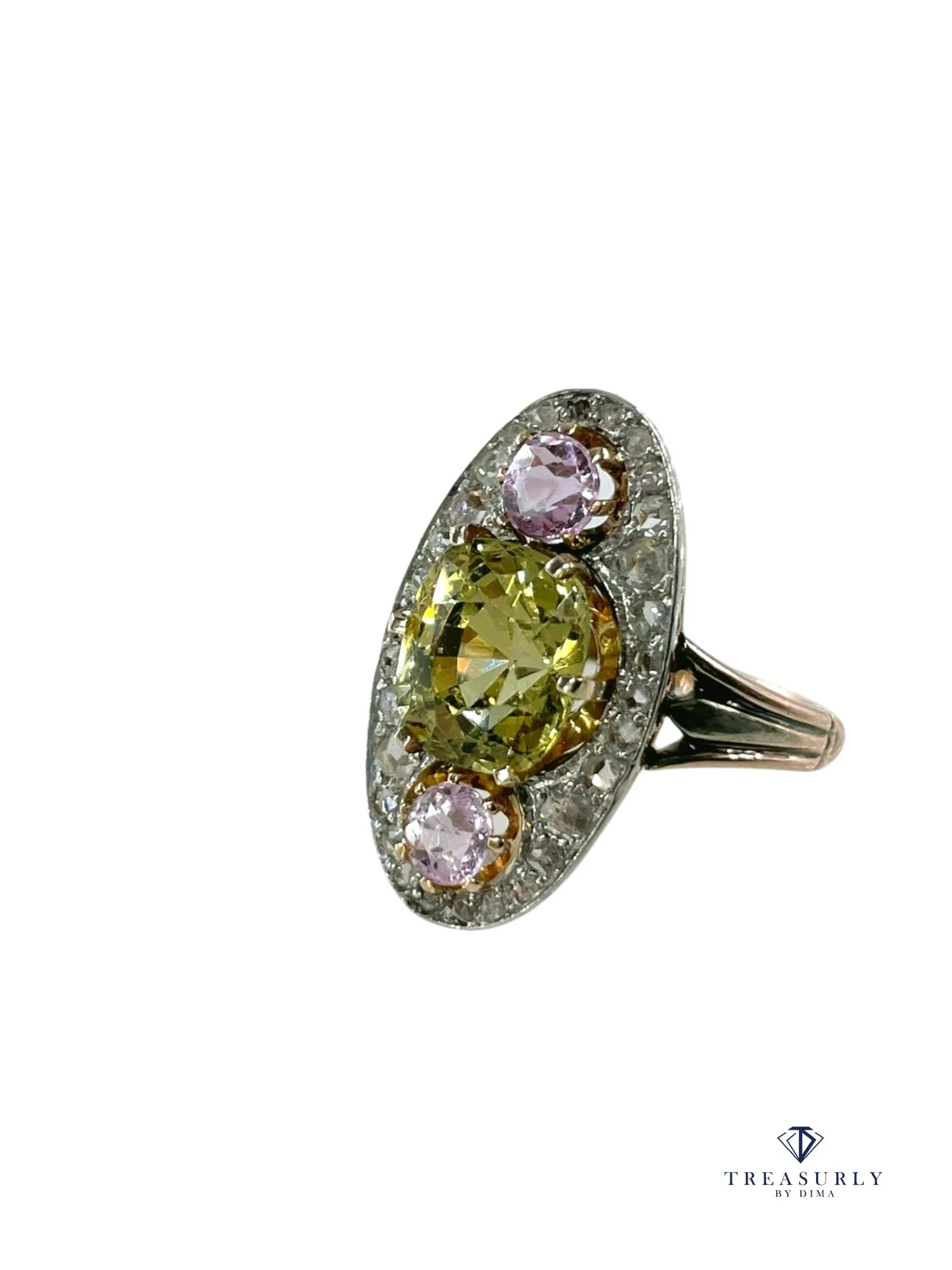 Antique Belle Époque Chrysoberyl, Pink Topaz Diamond Cluster Cocktail Ring