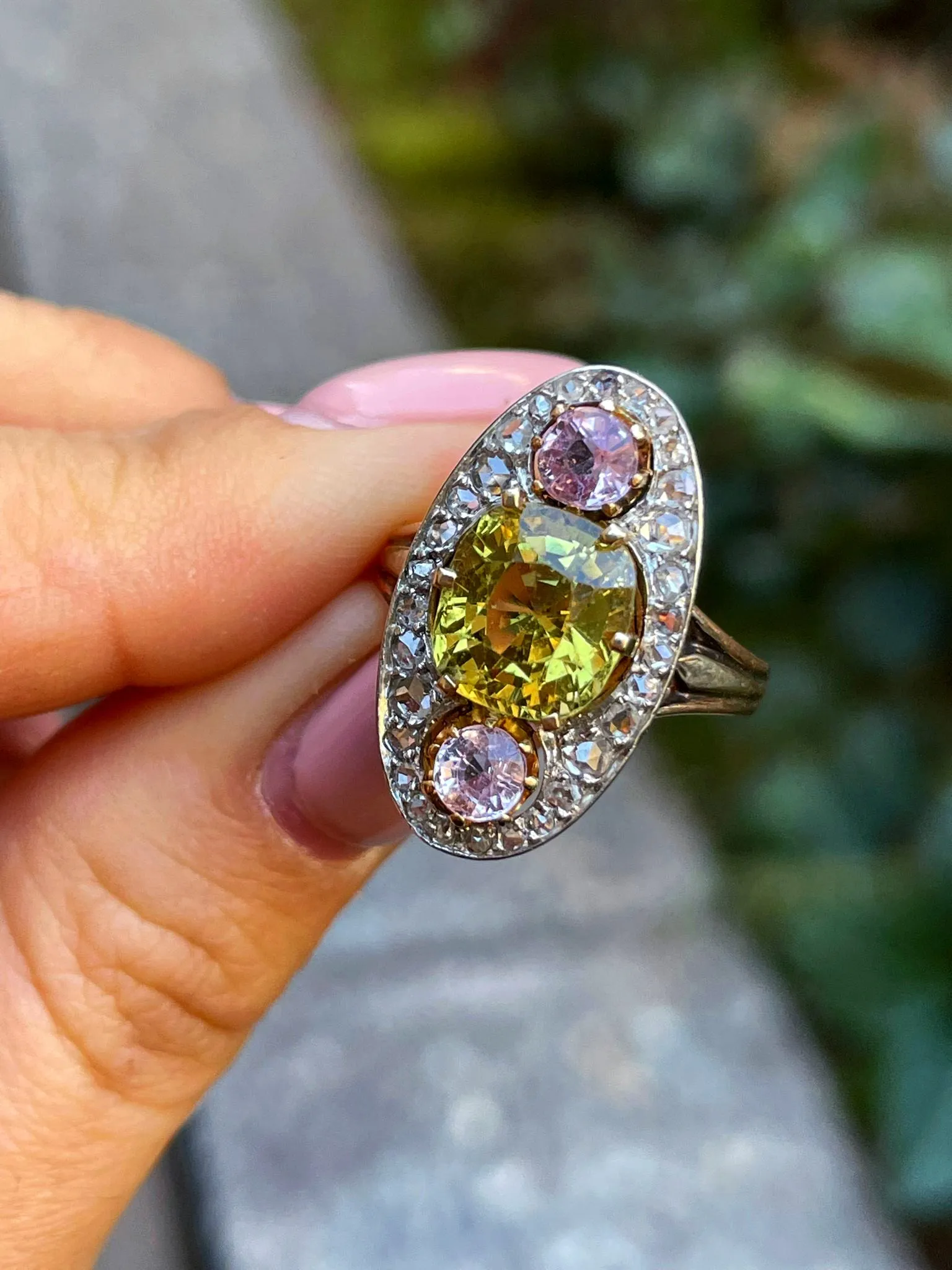 Antique Belle Époque Chrysoberyl, Pink Topaz Diamond Cluster Cocktail Ring