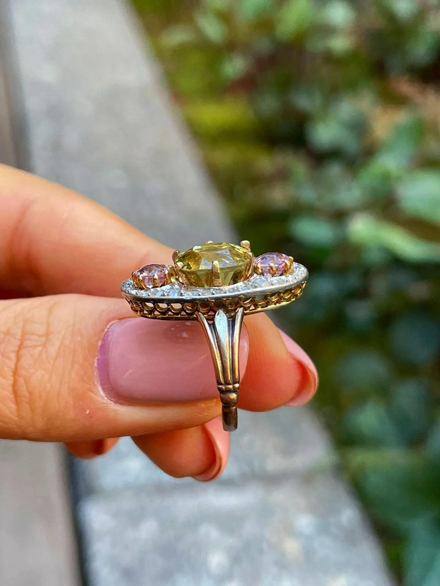 Antique Belle Époque Chrysoberyl, Pink Topaz Diamond Cluster Cocktail Ring