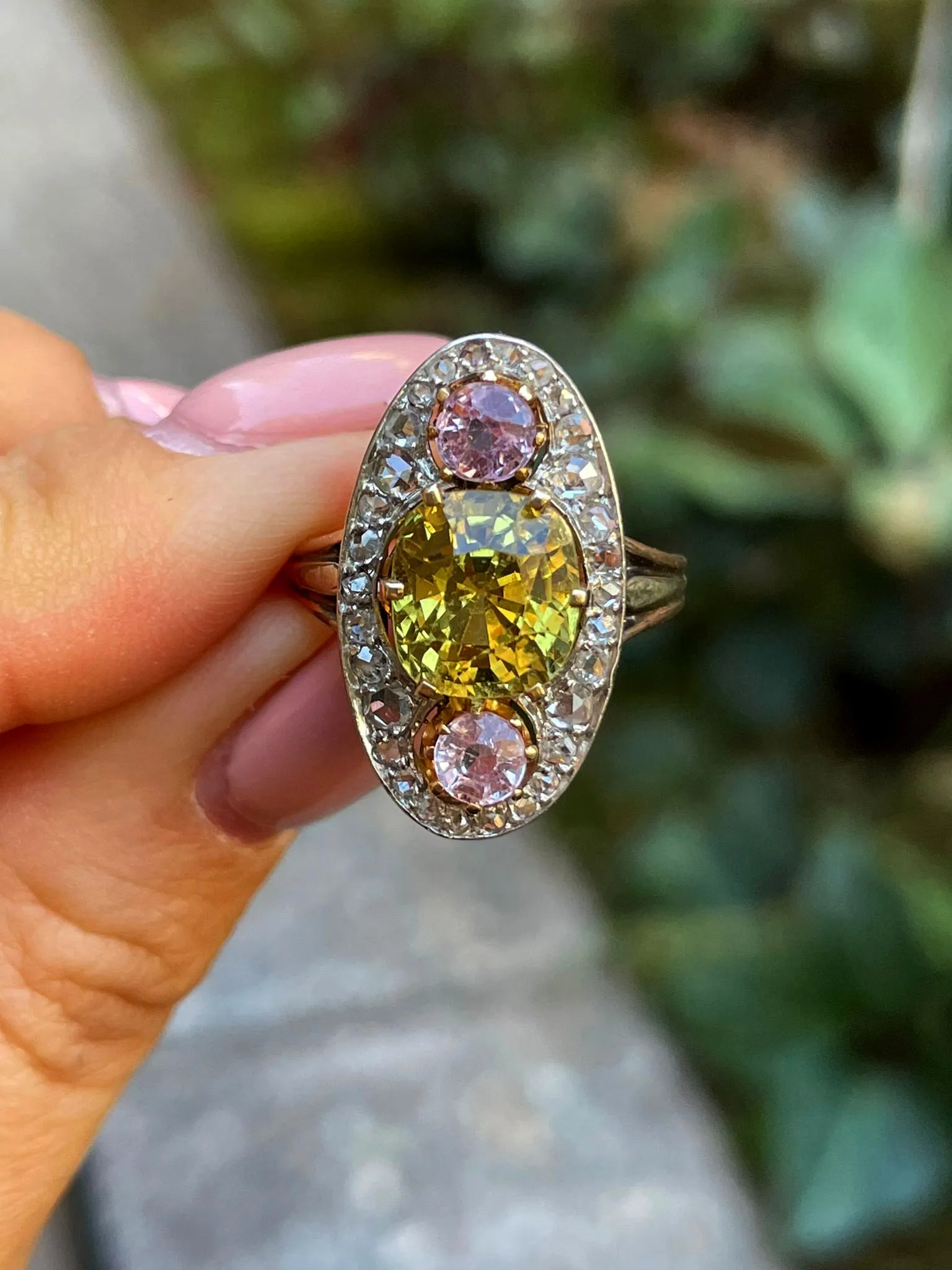 Antique Belle Époque Chrysoberyl, Pink Topaz Diamond Cluster Cocktail Ring