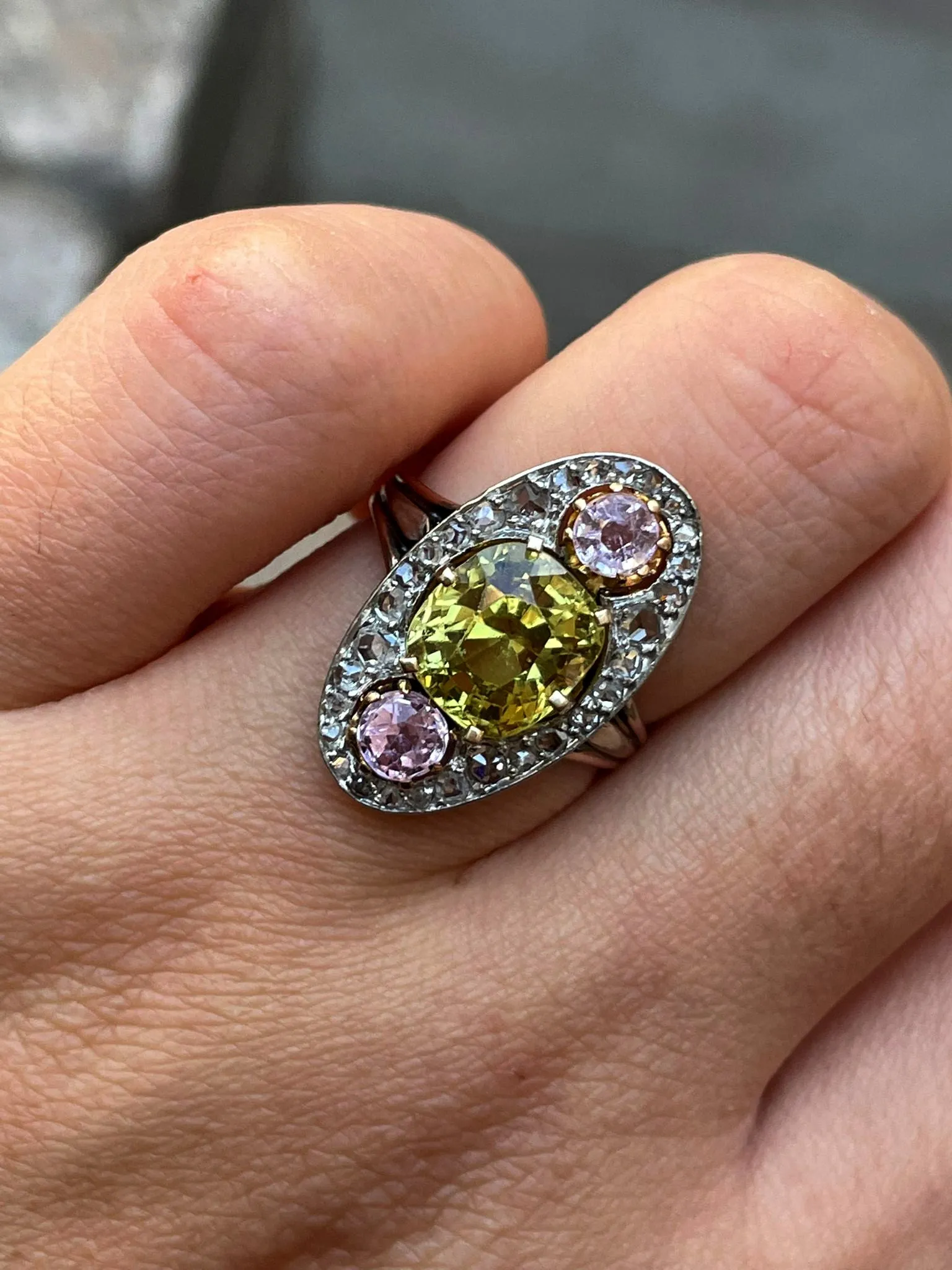 Antique Belle Époque Chrysoberyl, Pink Topaz Diamond Cluster Cocktail Ring