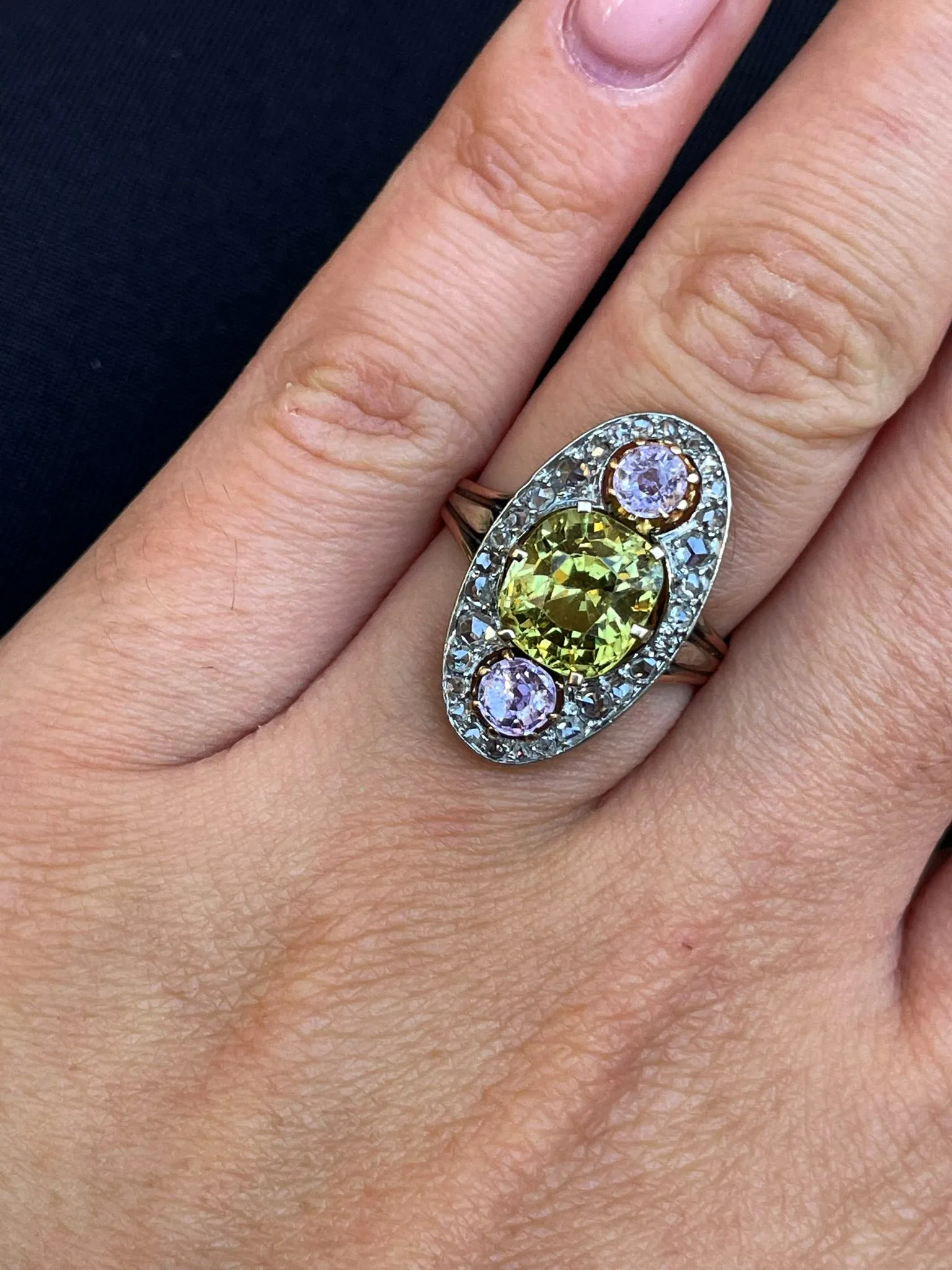 Antique Belle Époque Chrysoberyl, Pink Topaz Diamond Cluster Cocktail Ring