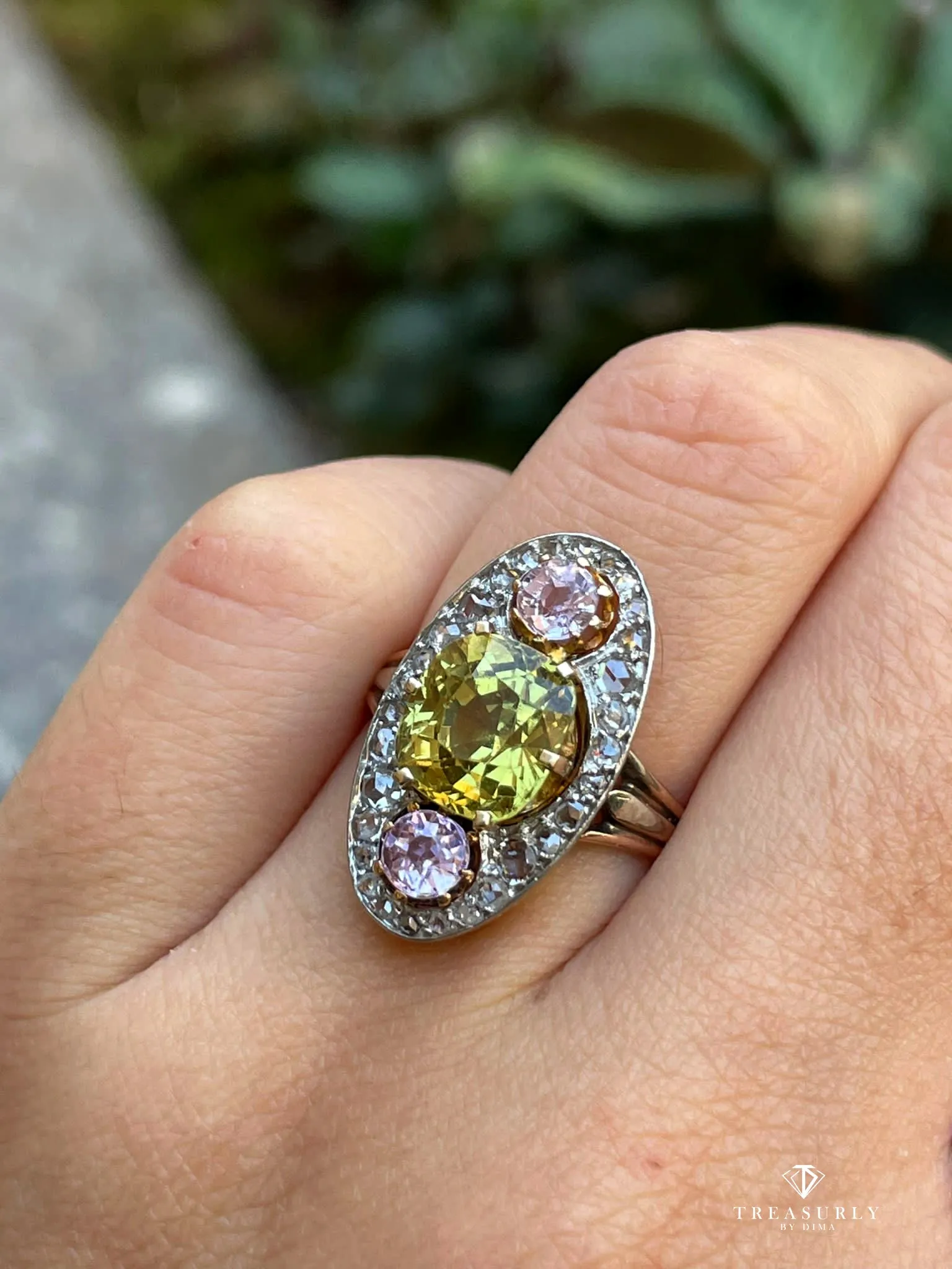 Antique Belle Époque Chrysoberyl, Pink Topaz Diamond Cluster Cocktail Ring