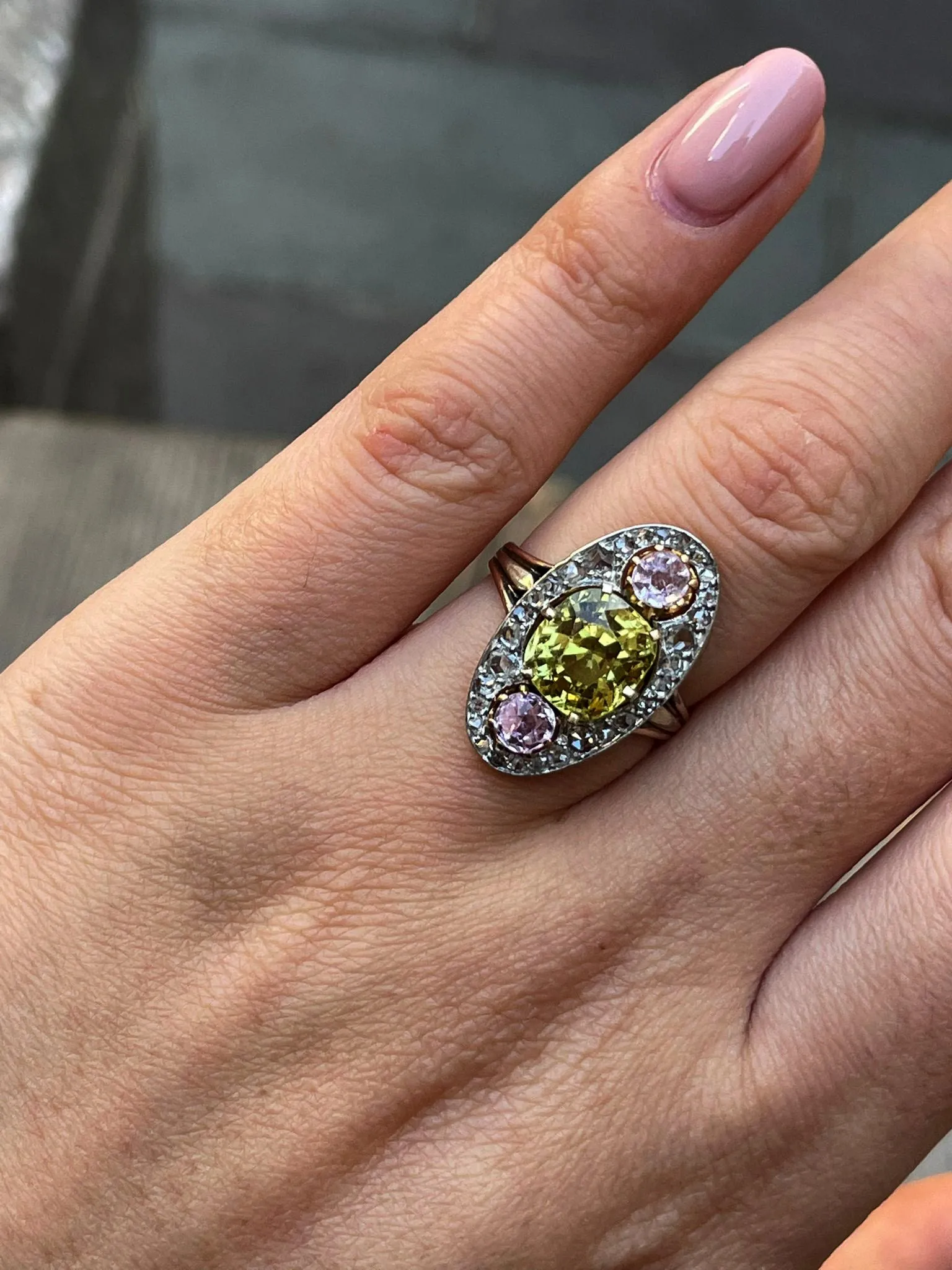 Antique Belle Époque Chrysoberyl, Pink Topaz Diamond Cluster Cocktail Ring