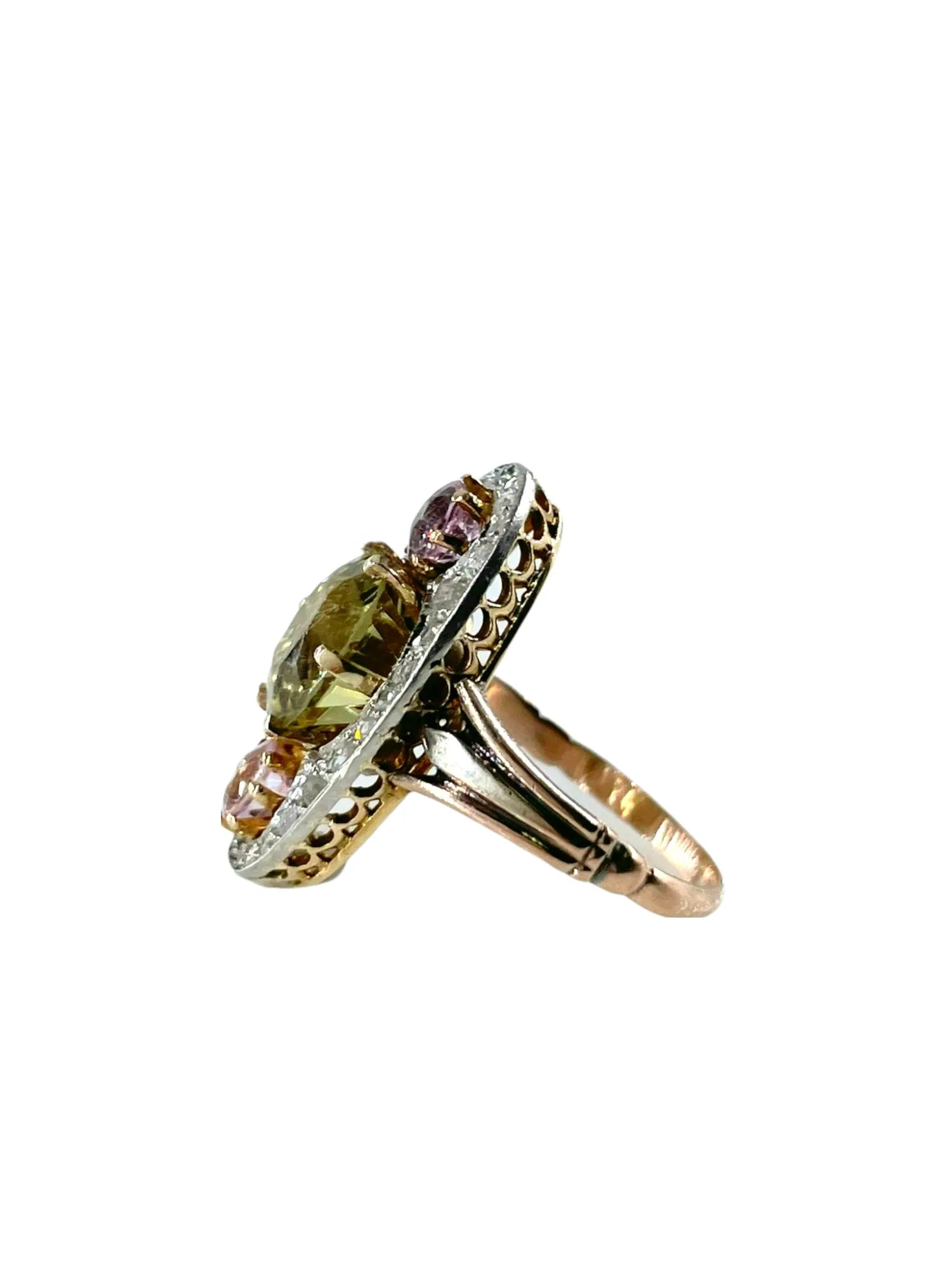 Antique Belle Époque Chrysoberyl, Pink Topaz Diamond Cluster Cocktail Ring