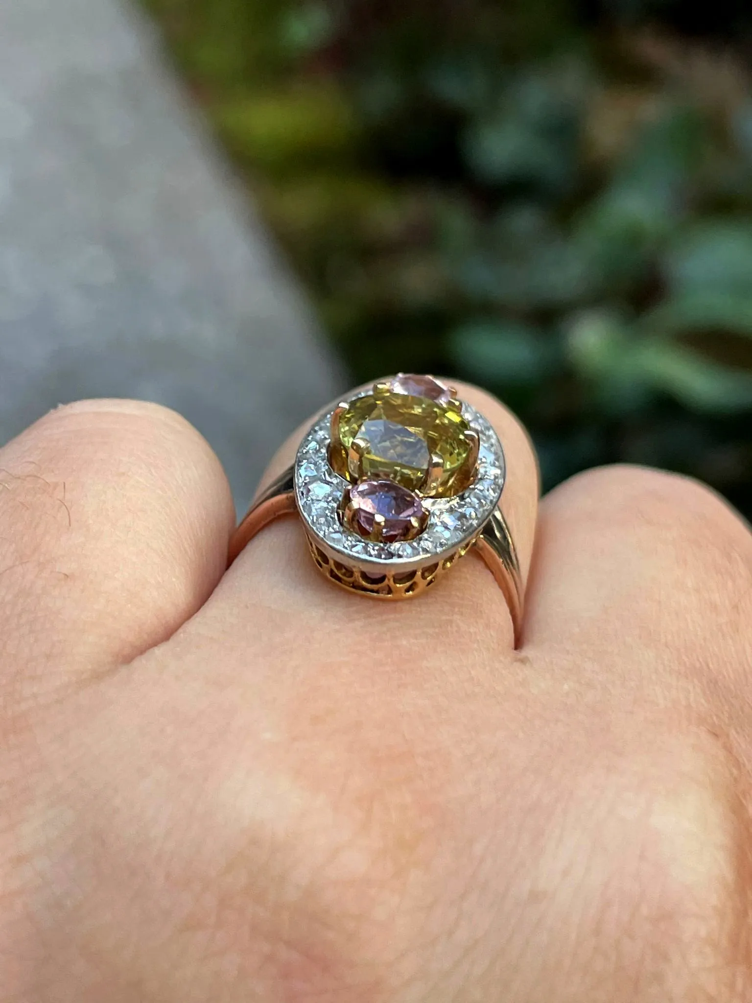 Antique Belle Époque Chrysoberyl, Pink Topaz Diamond Cluster Cocktail Ring