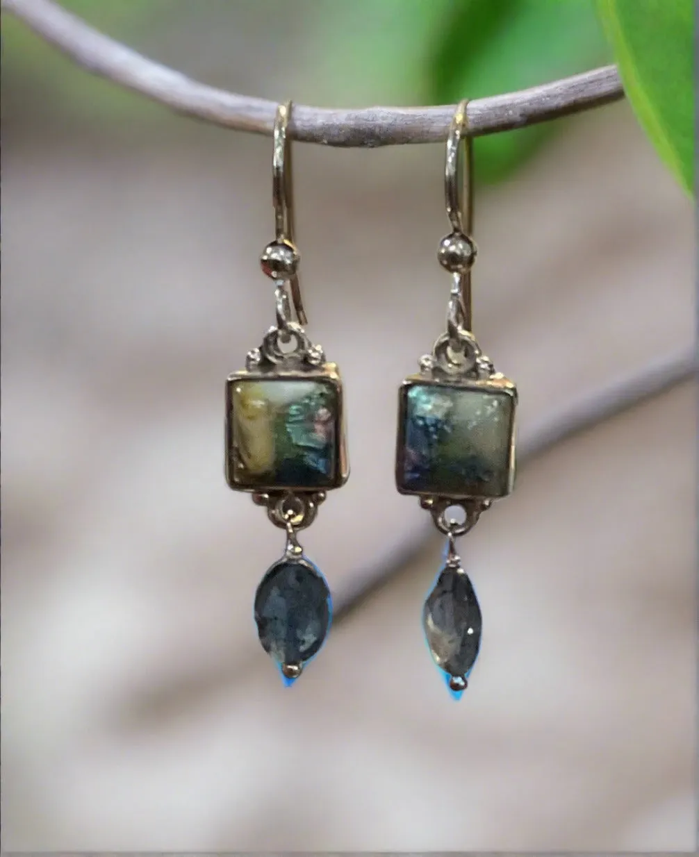 Antique Button Earrings, Blue Tones with Blue Topaz Drop