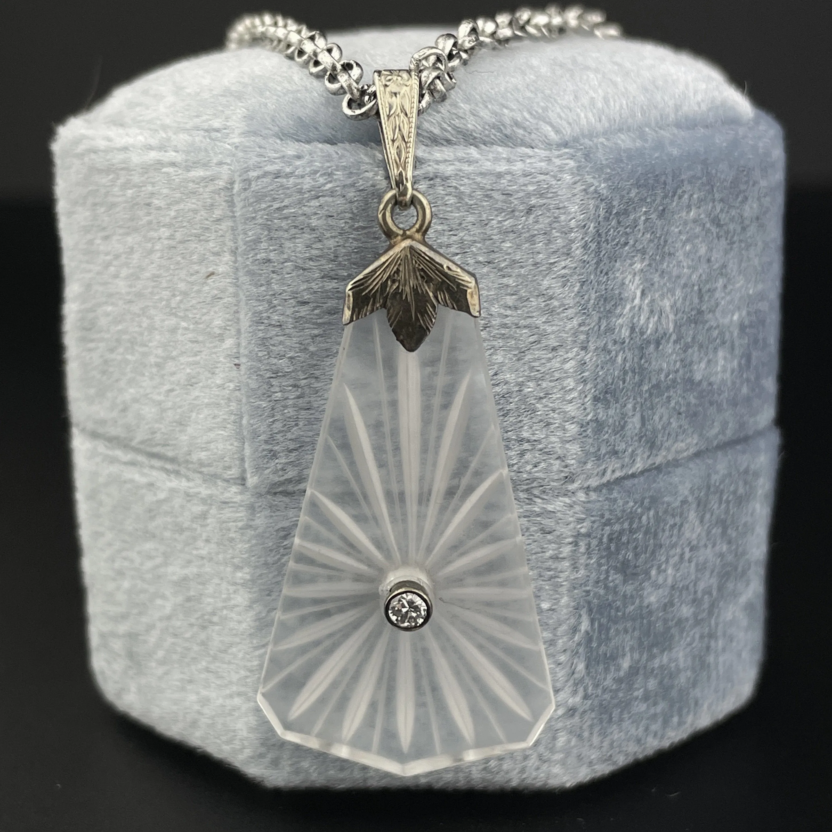 Antique Edwardian 14K White Gold Diamond Rock Crystal Pendant Necklace