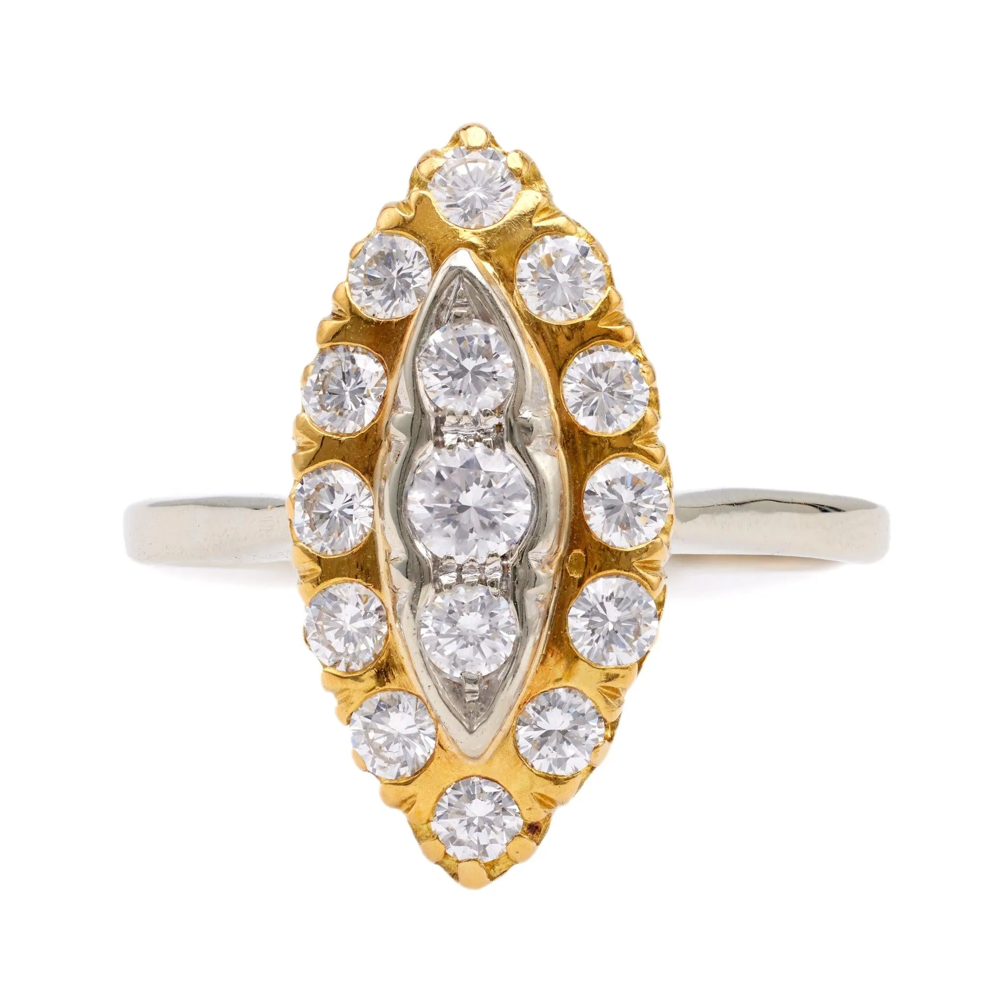 Antique Inspired French Diamond 18k Two Tone Navette Ring