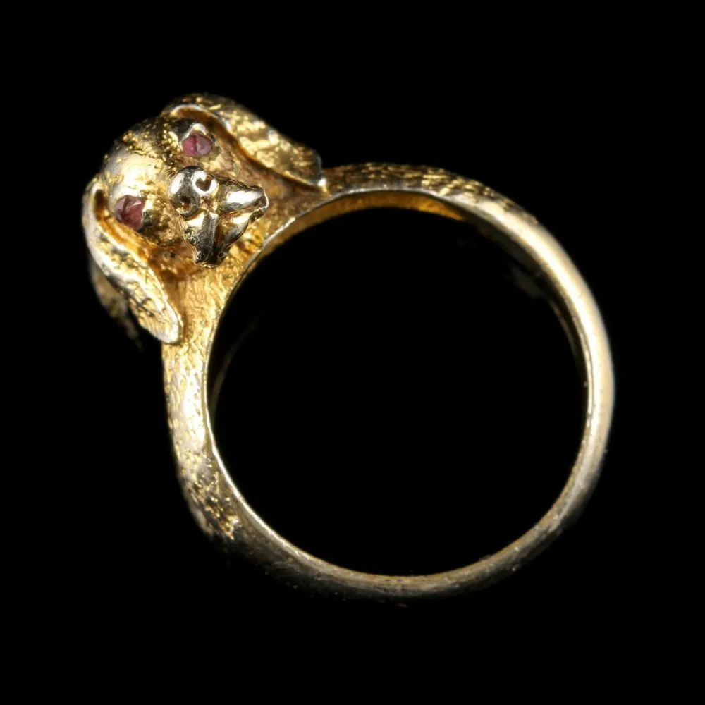 Antique Victorian Gun Dog Ring French Garnet Eyes Silver Gilt Circa 1880