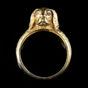 Antique Victorian Gun Dog Ring French Garnet Eyes Silver Gilt Circa 1880