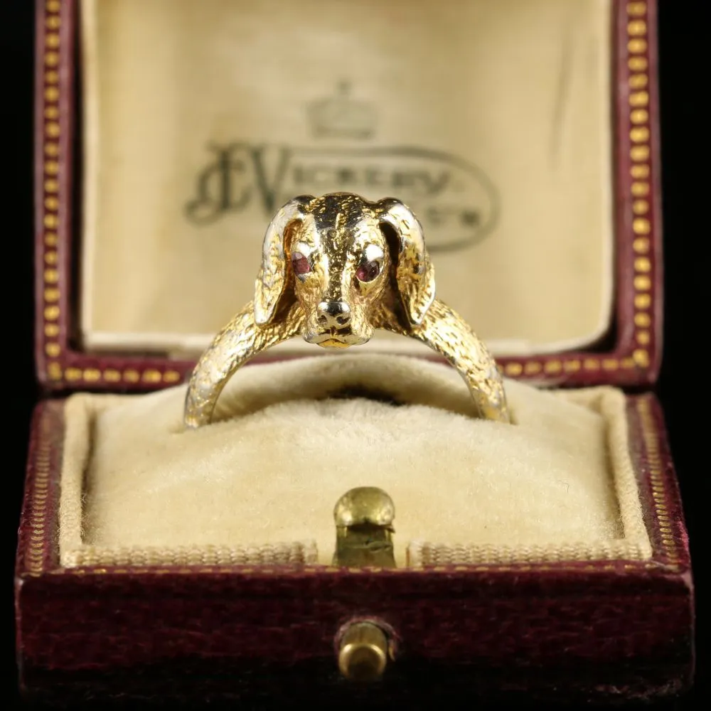 Antique Victorian Gun Dog Ring French Garnet Eyes Silver Gilt Circa 1880