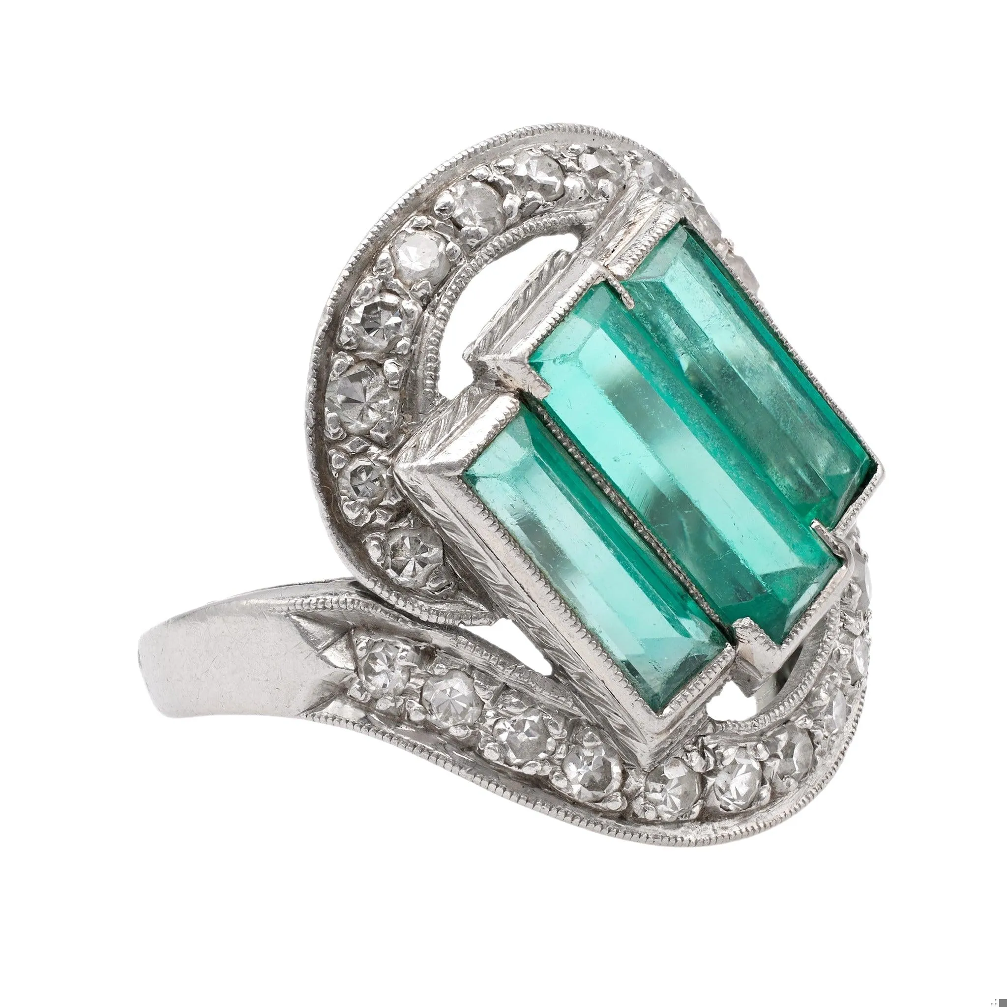 Art Deco GIA Colombian No Oil Emerald and Diamond Platinum Ring