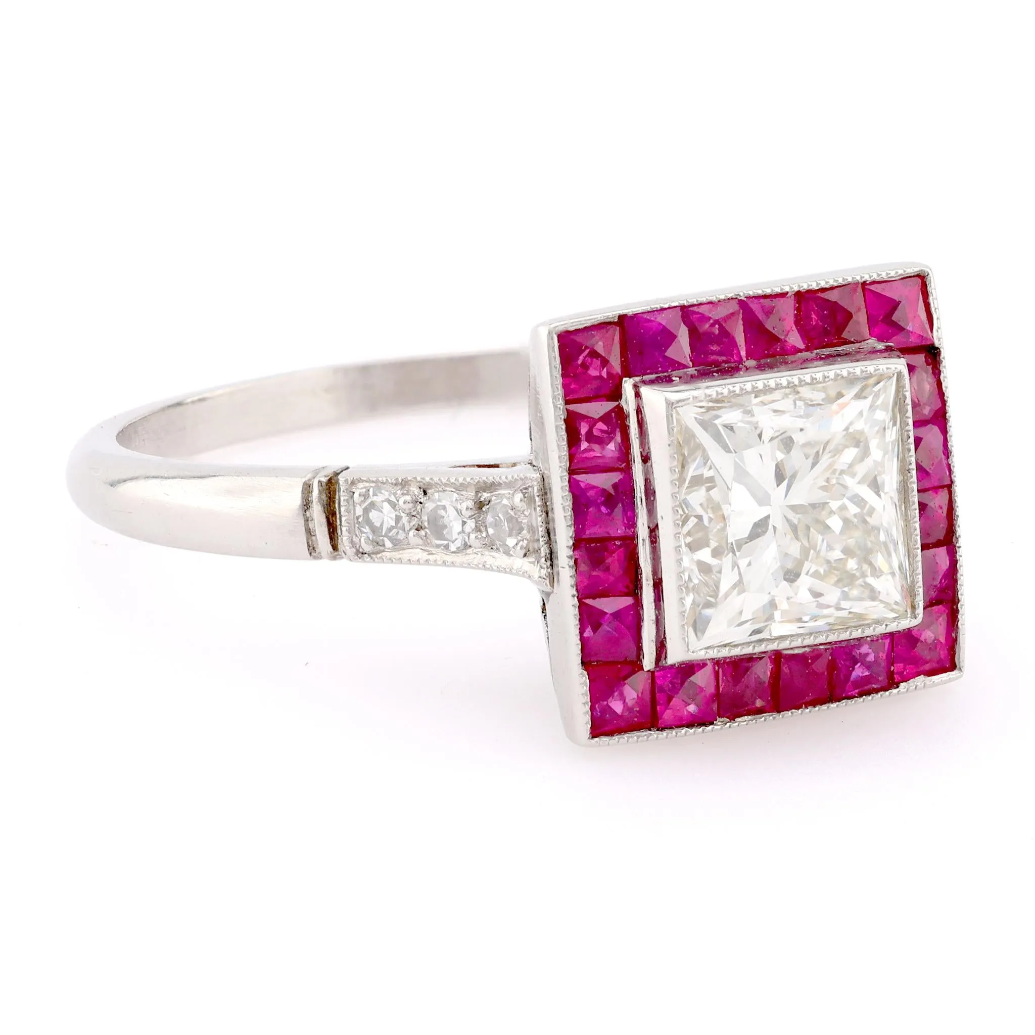 Art Deco Style Diamond Ruby Platinum Square Halo Ring