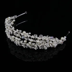 Baroque Style Bridal Crystal Pearl Flower Rhinestone Wedding Hair Accessories Silver Headband