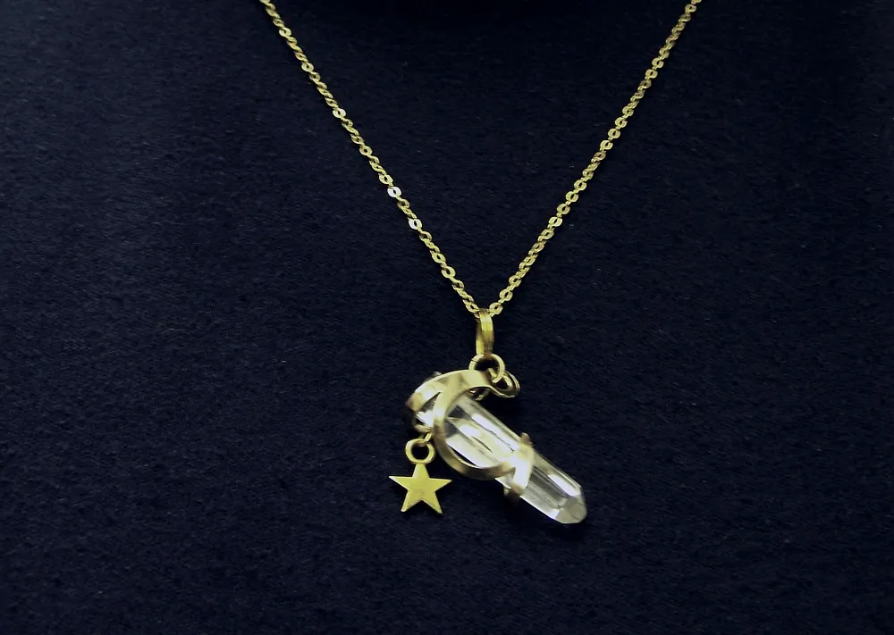 Celestial Quartz Crystal Moon and Star Pendant