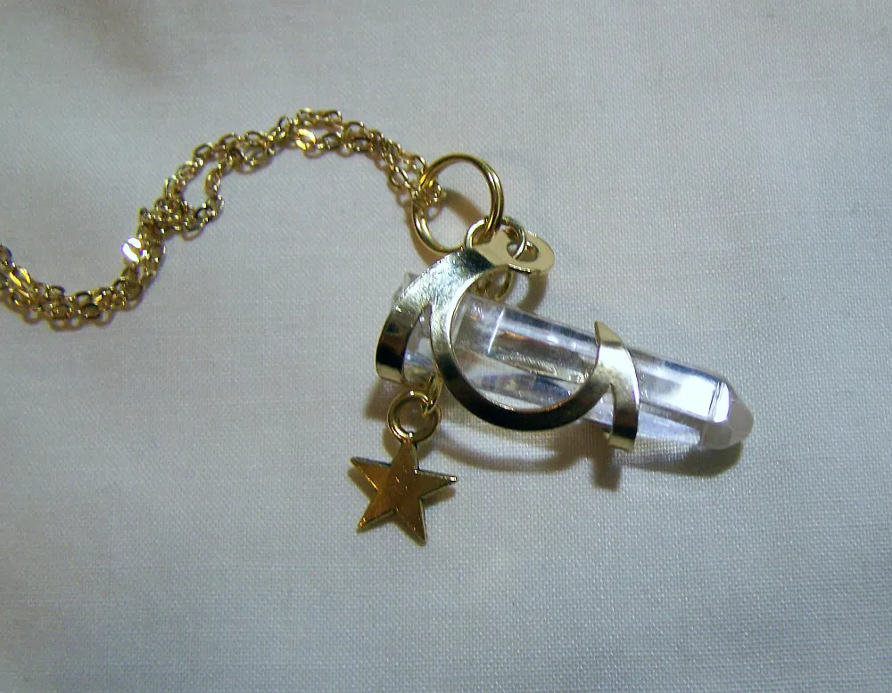 Celestial Quartz Crystal Moon and Star Pendant