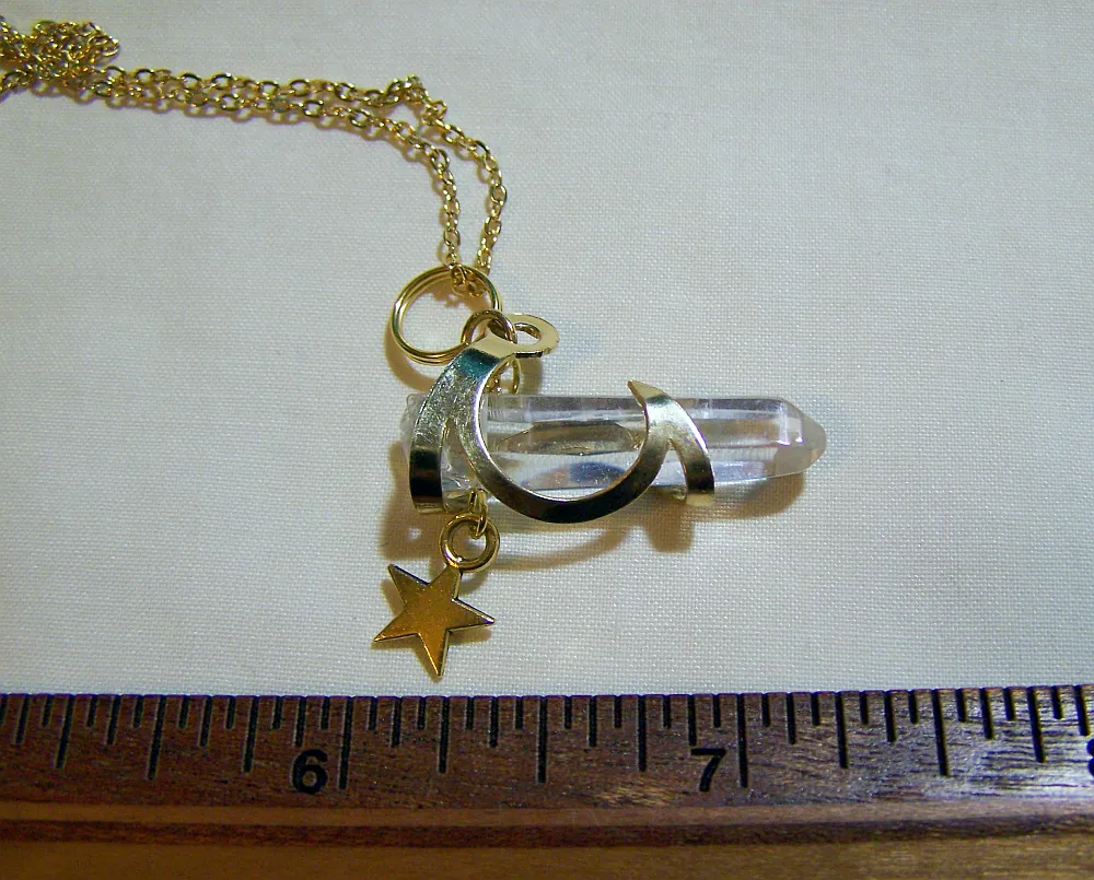 Celestial Quartz Crystal Moon and Star Pendant