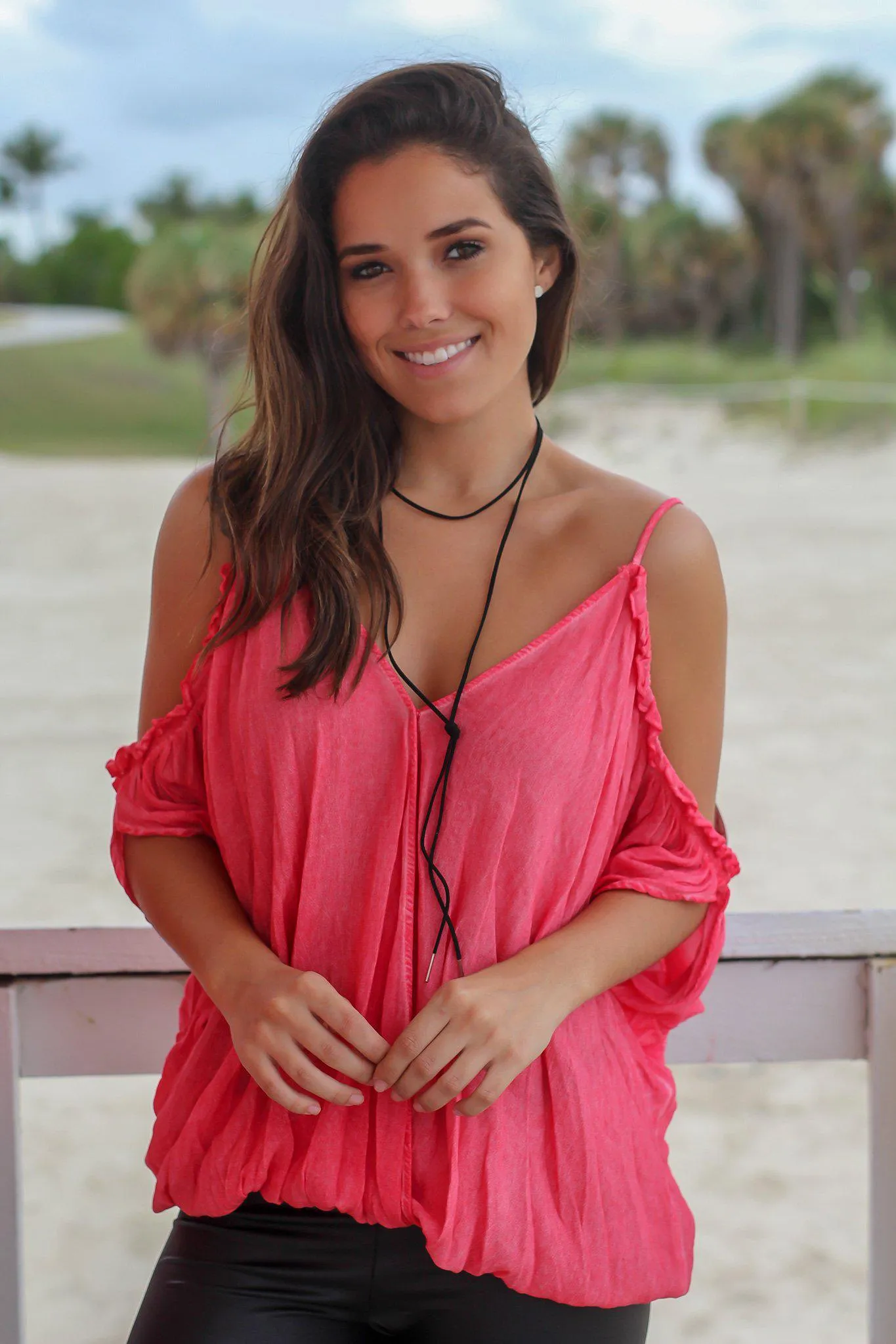 Coral Cold Shoulder V-Neck Top