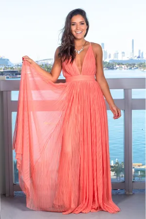 Coral Pleated Maxi Dress with Criss Cross Back