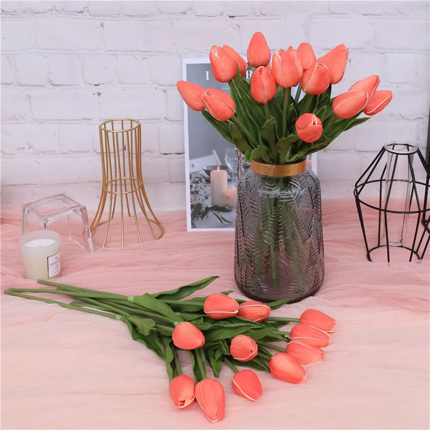 Coral Wedding Flowers PU Real Touch Tulips 10 Stems