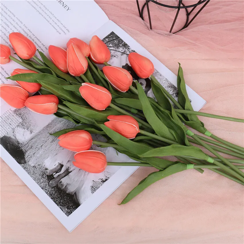 Coral Wedding Flowers PU Real Touch Tulips 10 Stems