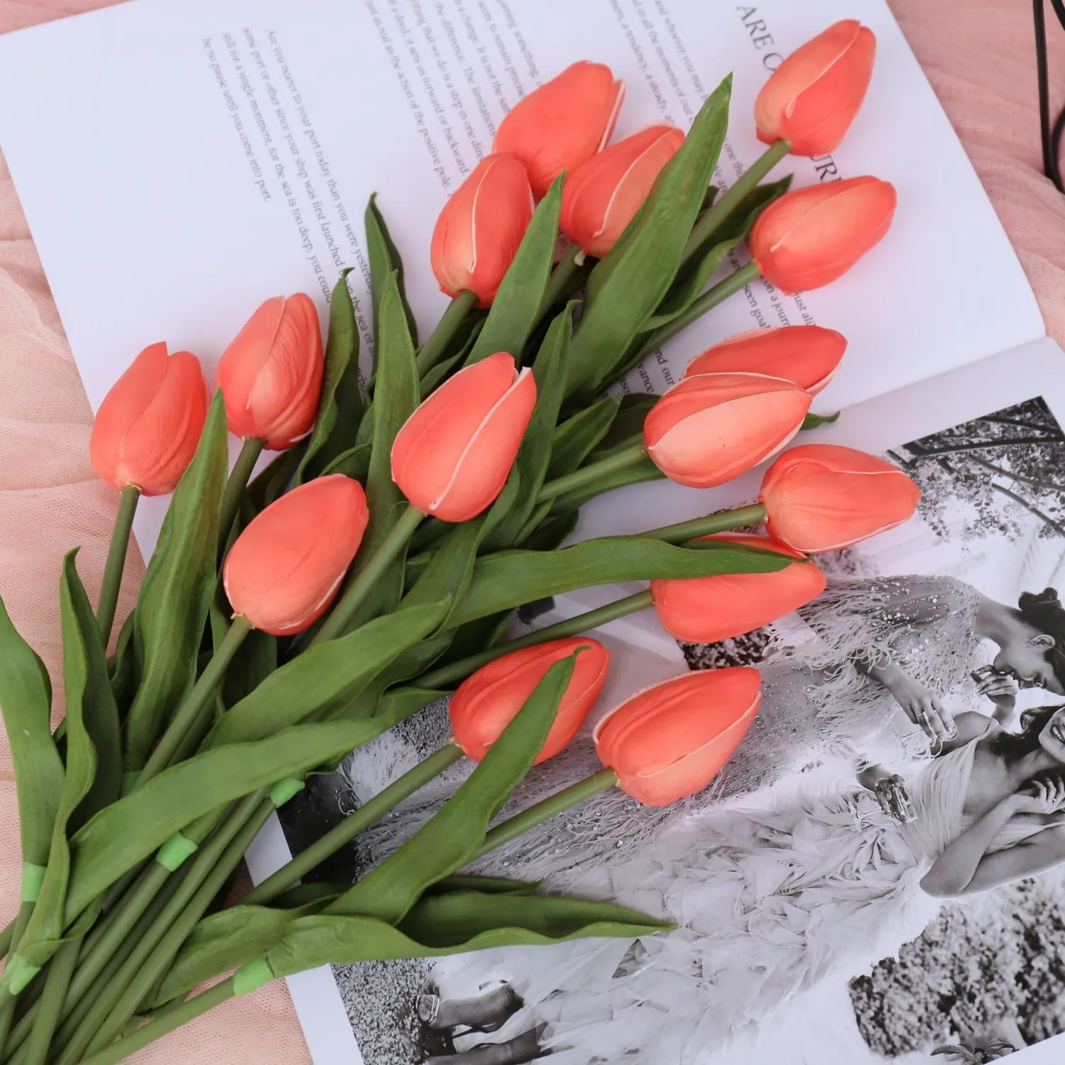 Coral Wedding Flowers PU Real Touch Tulips 10 Stems