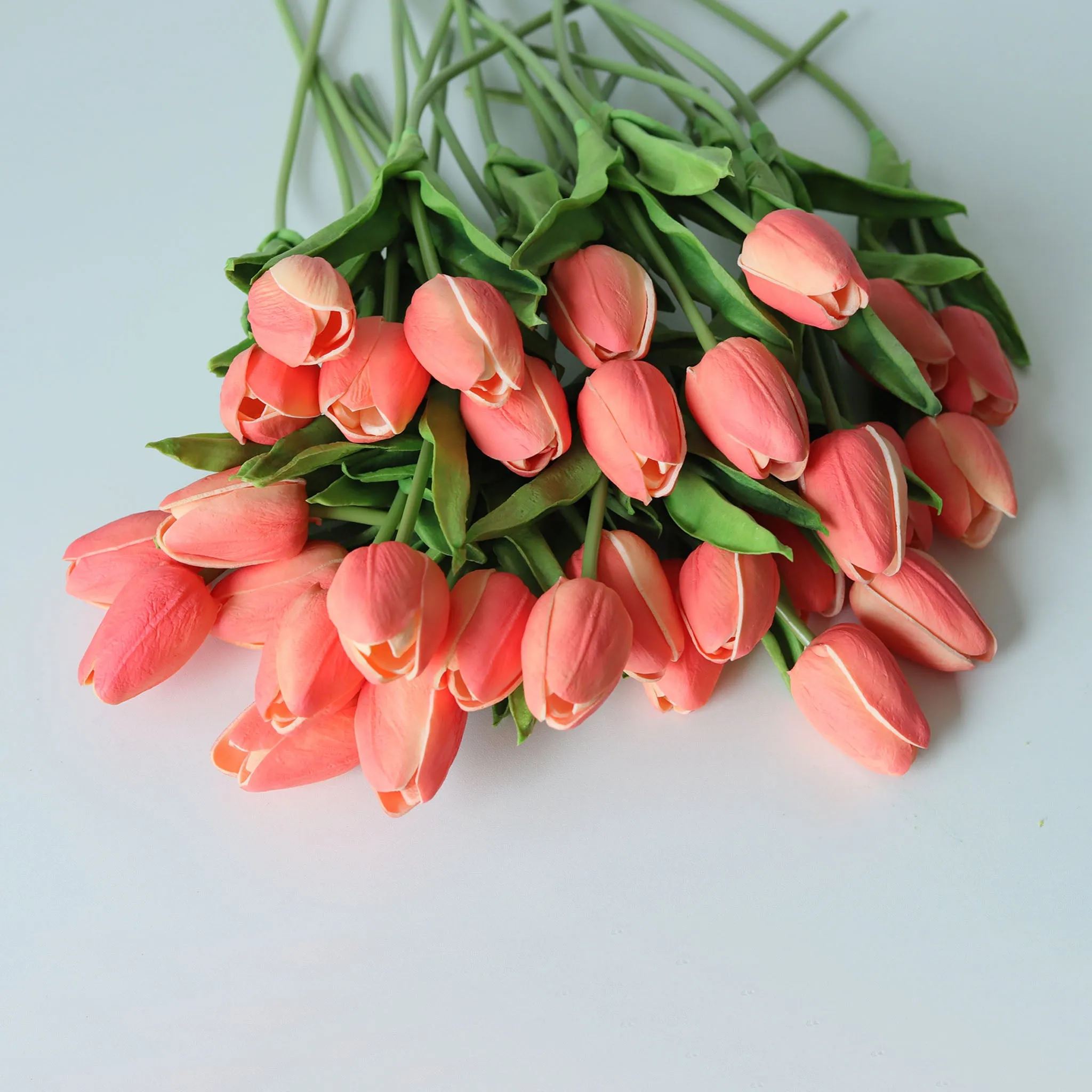 Coral Wedding Flowers PU Real Touch Tulips 10 Stems