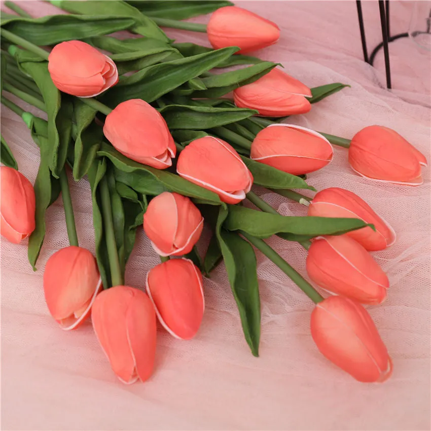 Coral Wedding Flowers PU Real Touch Tulips 10 Stems