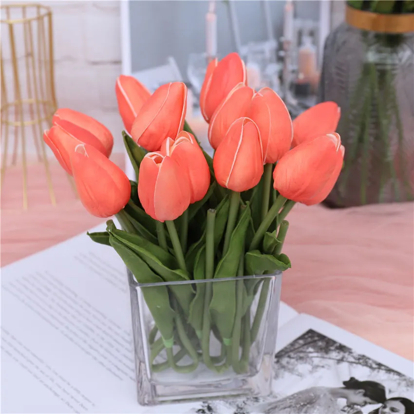 Coral Wedding Flowers PU Real Touch Tulips 10 Stems