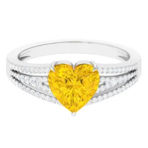 Created Yellow Sapphire Heart Engagement Ring with Diamond