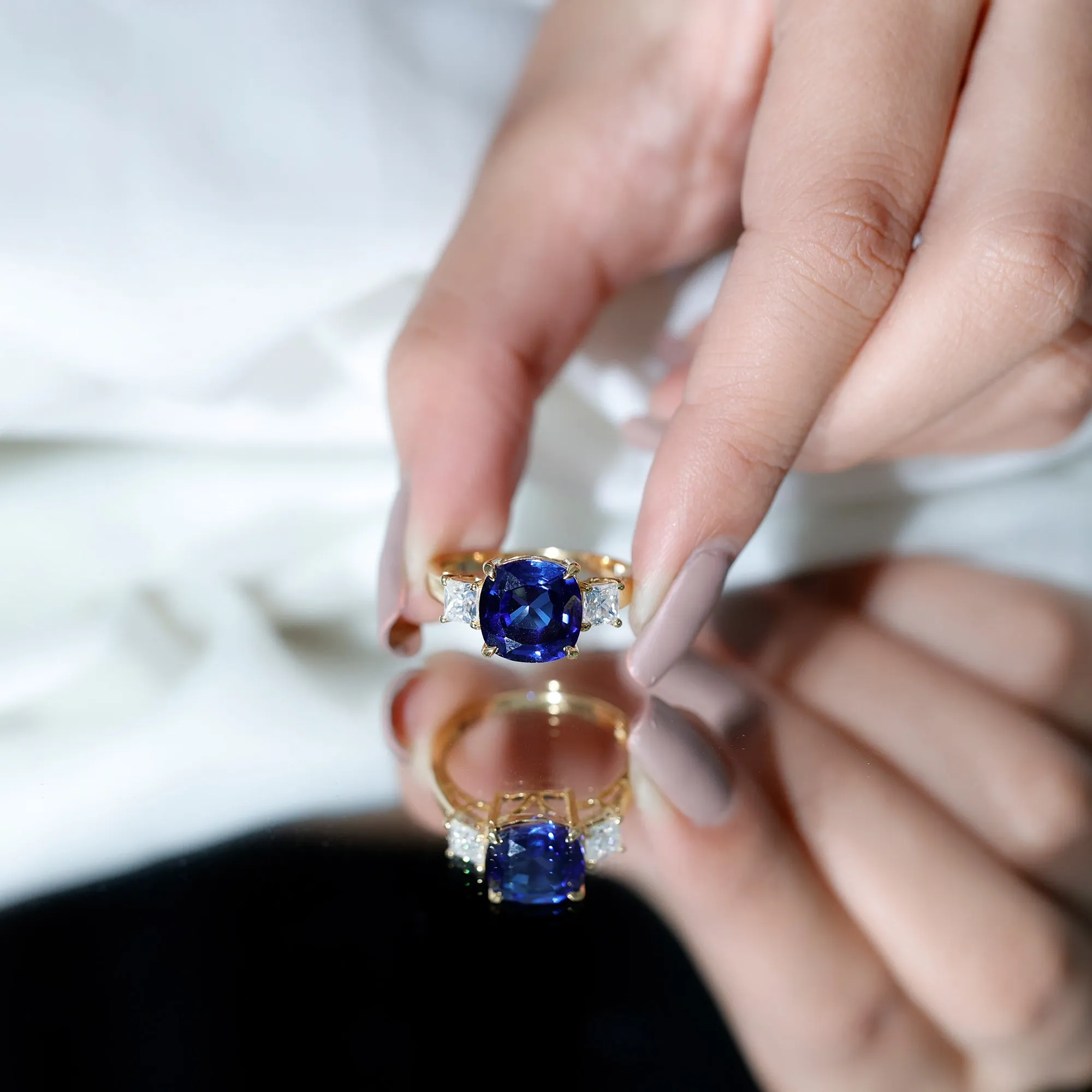 Cushion Cut Created Blue Sapphire Solitaire Ring