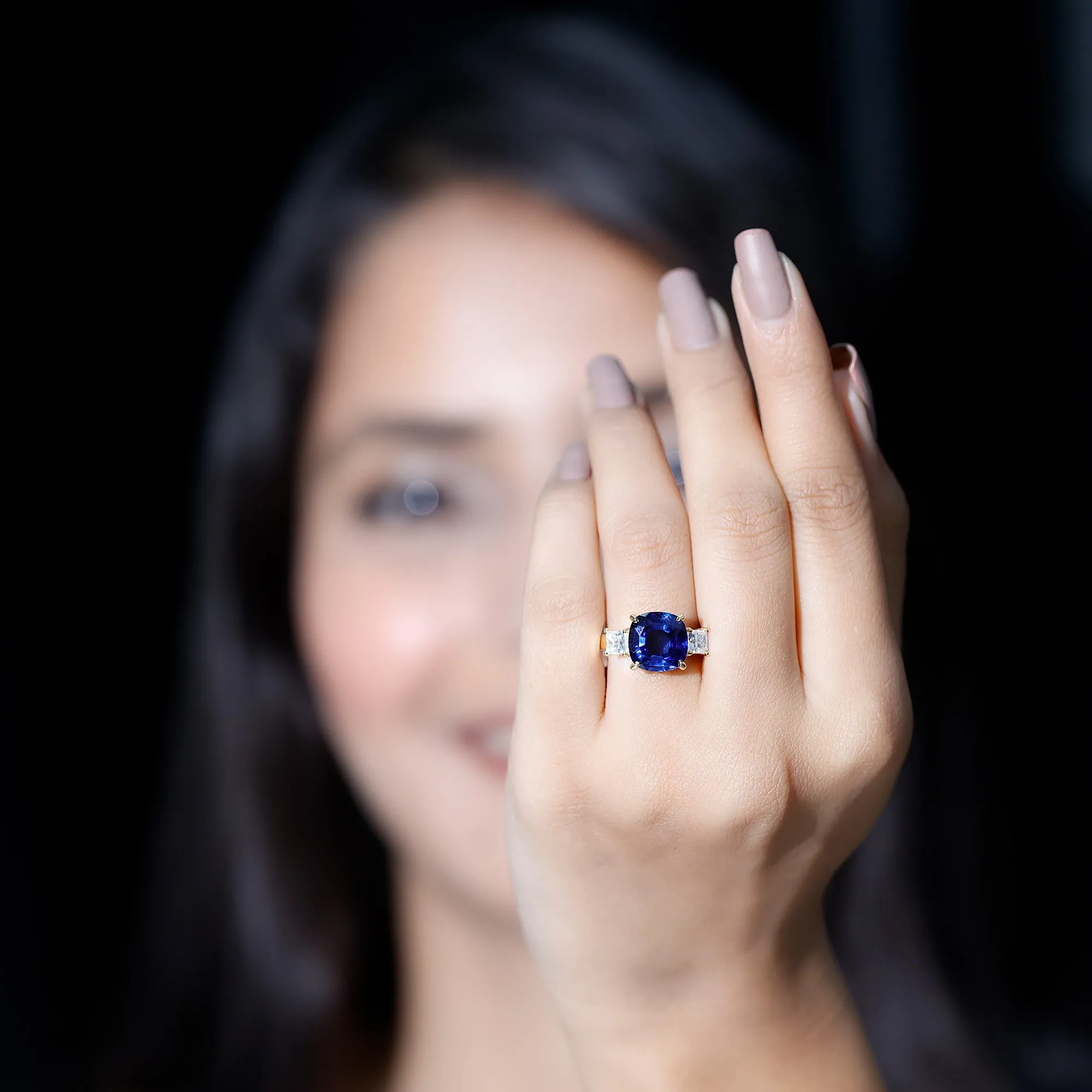 Cushion Cut Created Blue Sapphire Solitaire Ring