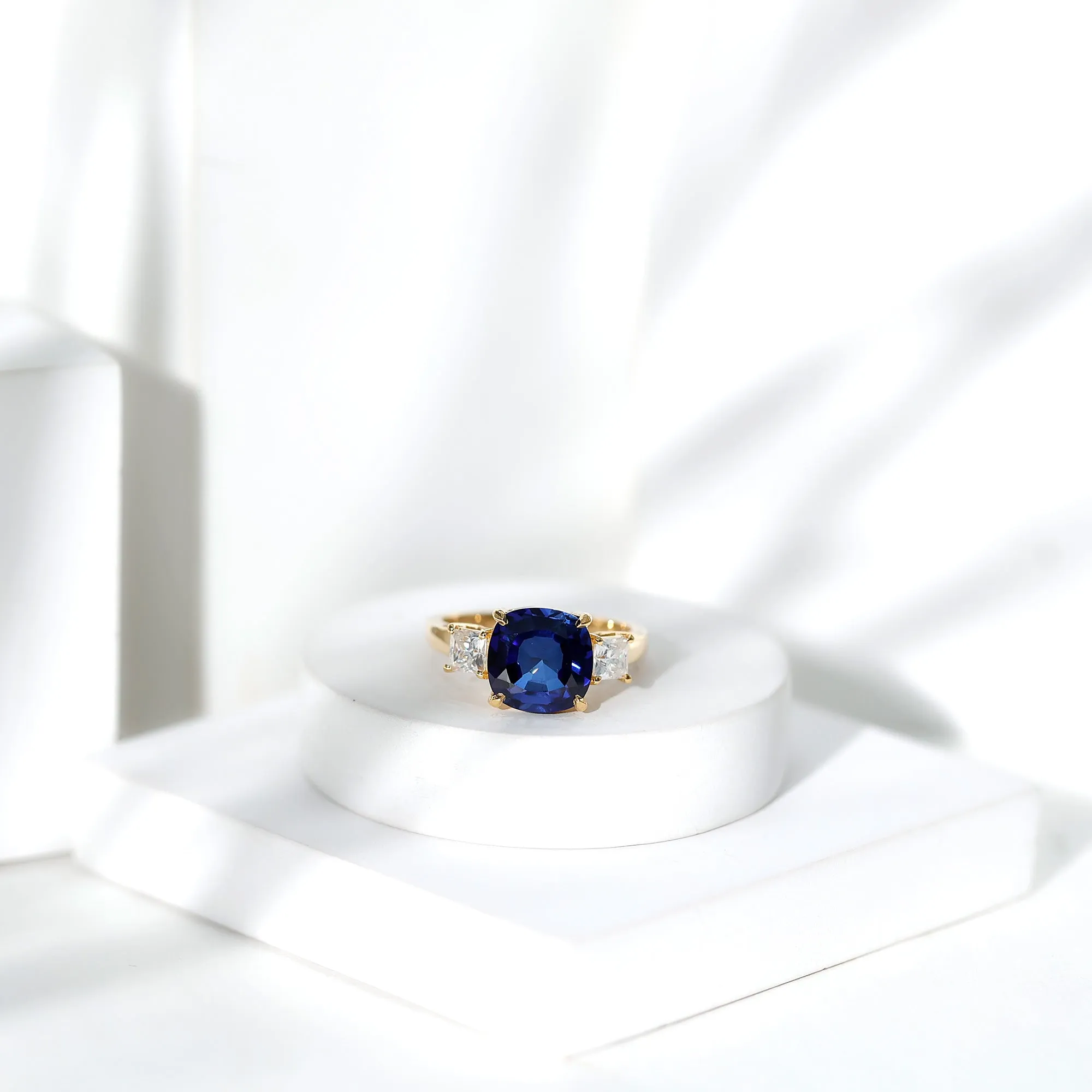 Cushion Cut Created Blue Sapphire Solitaire Ring