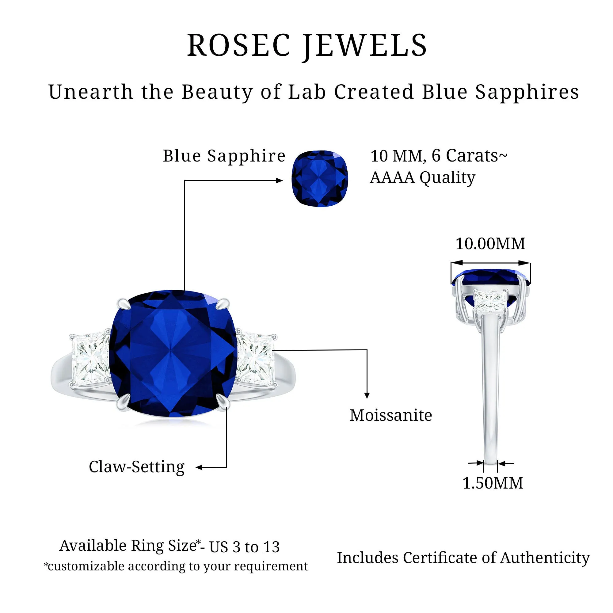 Cushion Cut Created Blue Sapphire Solitaire Ring