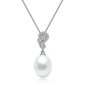 Cz .925 Sterling Silver Rhodium Plated Swirl Design White Pearl Drop Pendant