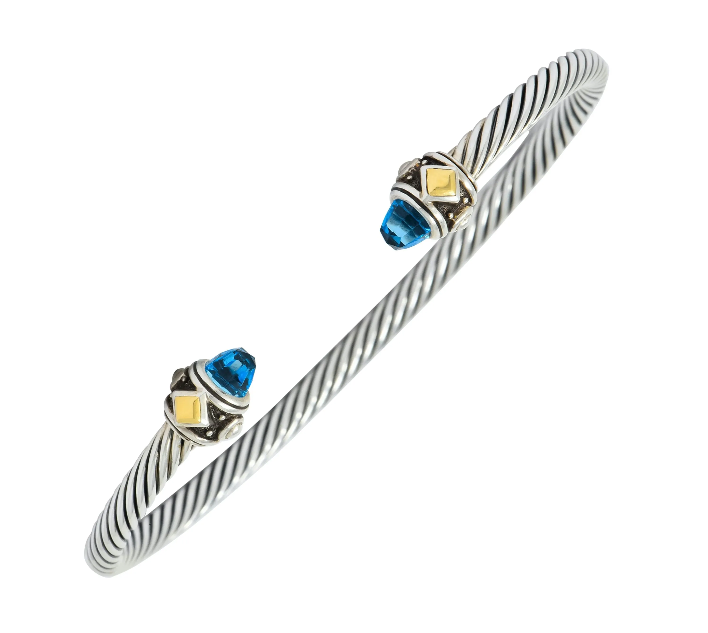 David Yurman Blue Topaz Sterling Silver 18 Karat Gold Renaissance Cable Cuff Bracelet