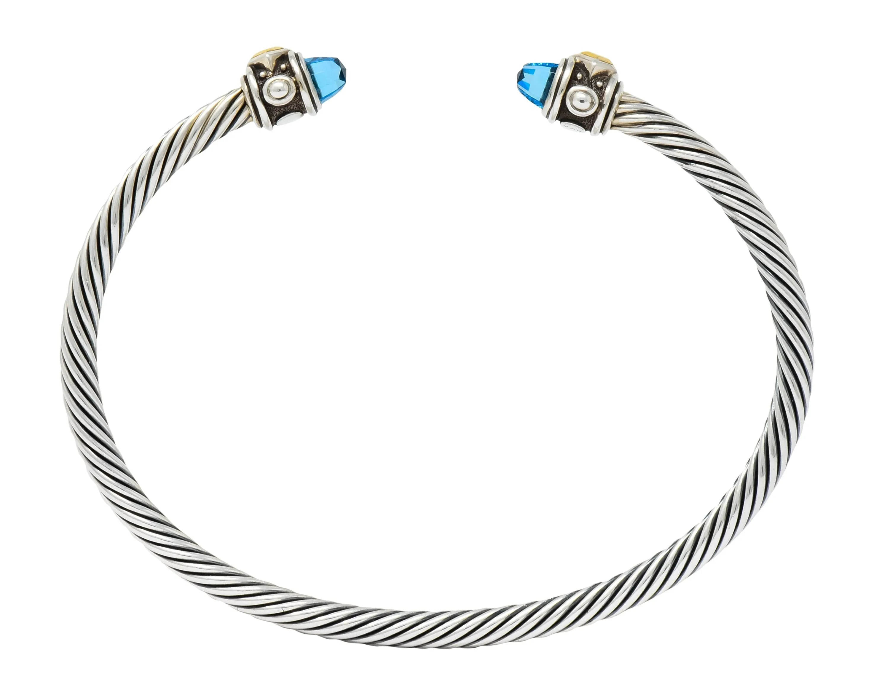 David Yurman Blue Topaz Sterling Silver 18 Karat Gold Renaissance Cable Cuff Bracelet