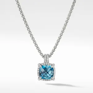 David Yurman Chatelaine Pave Bezel Pendant Necklace with Hampton Blue Topaz and Diamonds 11mm