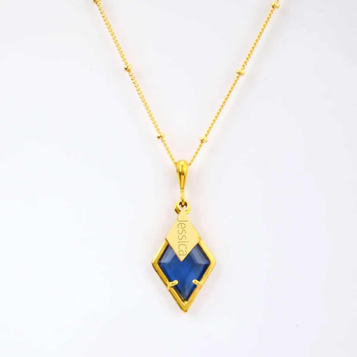 Diamond Shaped Birthstone and Name Necklace : September Kyanite