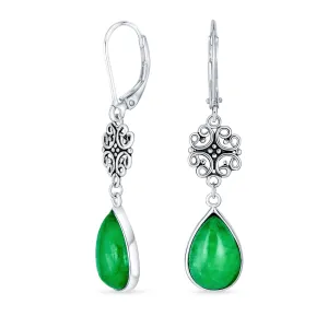 Dyed Green Jade Teardrop Dangle Gemstone Earrings in Sterling Silver