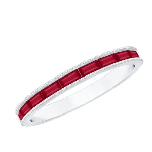 East West Baguette Cut Ruby Half Eternity Band Ring with Milgrain Details