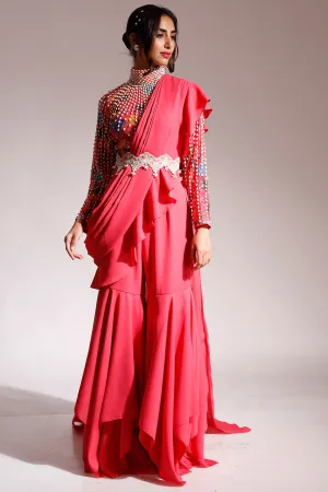 Embroidered Coral Sharara Saree Set In Net