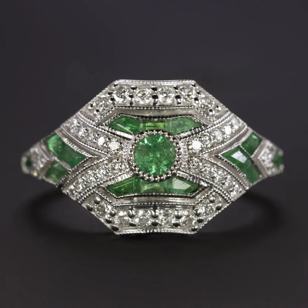 EMERALD DIAMOND ART DECO STYLE RING 14k WHITE GOLD NATURAL VINTAGE COCKTAIL