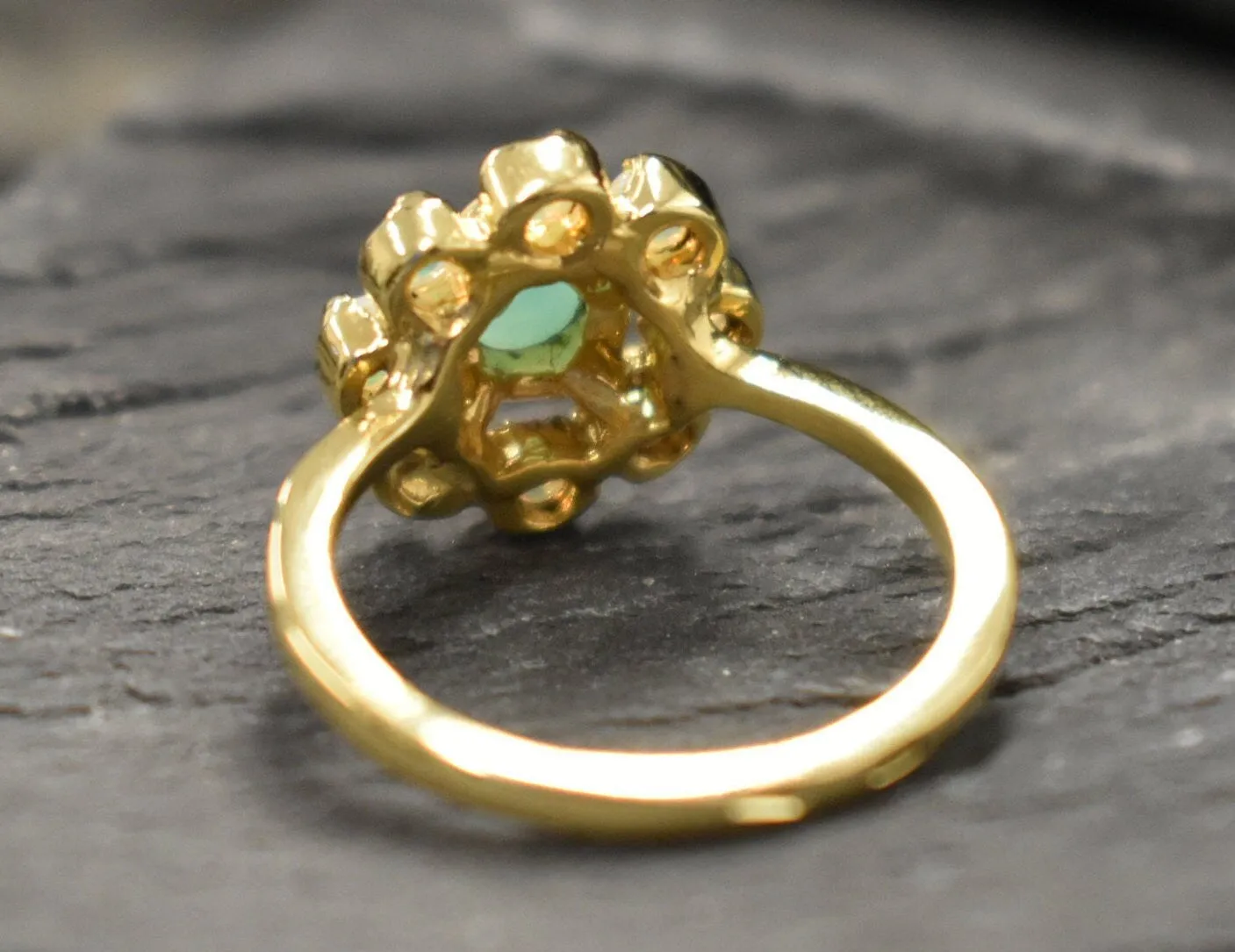 Emerald Flower Gold Ring, Natural Emerald Ring, Gold Flower Ring