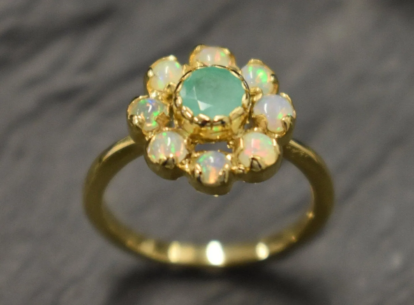 Emerald Flower Gold Ring, Natural Emerald Ring, Gold Flower Ring