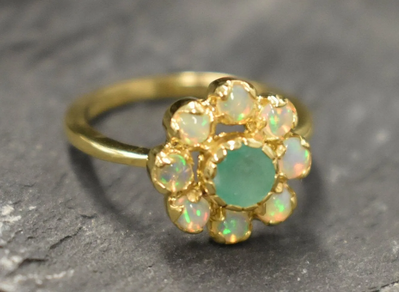 Emerald Flower Gold Ring, Natural Emerald Ring, Gold Flower Ring