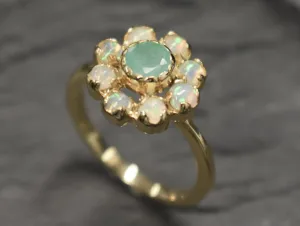 Emerald Flower Gold Ring, Natural Emerald Ring, Gold Flower Ring